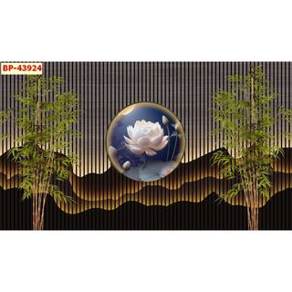 Tranh dán tường hoa sen lam sóng và tre 3D Trang trí quán trà, spa dưỡng