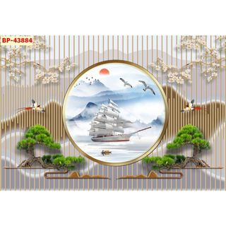 Tranh dán tường hoa sen lam sóng và tre 3D Trang trí quán trà, spa dưỡng