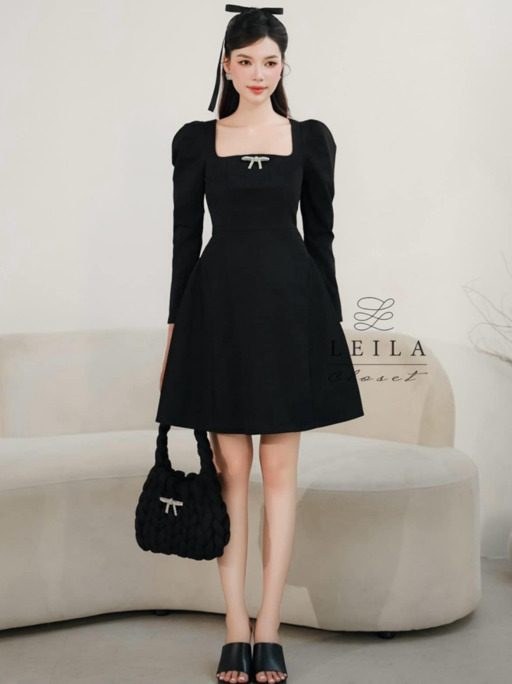 Ảnh LEILA CLOSET | Đầm thiết kế Jelly đen, dáng xoè ngắn tay dài cách điệu (kèm tag nơ như hình) 3