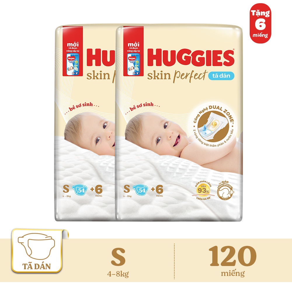Ảnh Combo 2 Tã/bỉm dán sơ sinh Huggies Skin Perfect S 54+6 miếng với 2 vùng thấm giảm kích ứng da 1