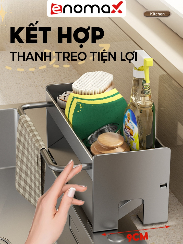 Ảnh Giá kệ để đồ rửa bát Enomax đựng miếng rửa bát kèm thanh treo khăn, chất liệu Thép Carbon. Bảo hành 10 năm (Eno 0162) 2