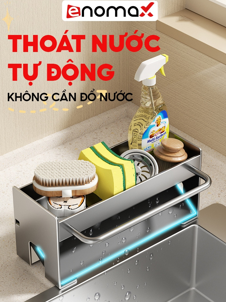 Giá Kệ Rửa Bát Enomax Thép Carbon - Đựng Miếng Rửa Bát, Treo Khăn, BH 10 Năm