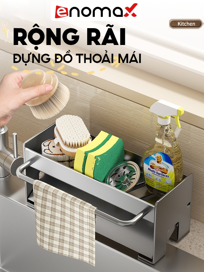 Ảnh Giá kệ để đồ rửa bát Enomax đựng miếng rửa bát kèm thanh treo khăn, chất liệu Thép Carbon. Bảo hành 10 năm (Eno 0162) 3