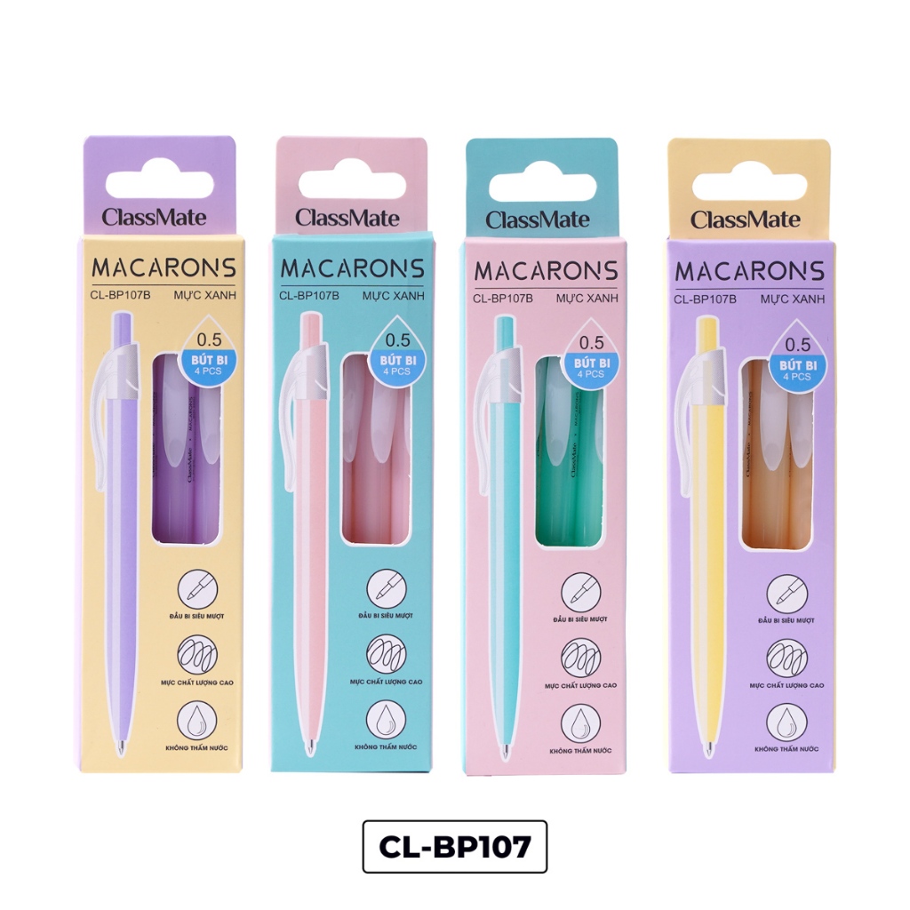 Hộp 4 Chiếc Bút Bi Ngòi 0.5mm Mực Xanh CLASSMATE Macarons, Bút Viết ...