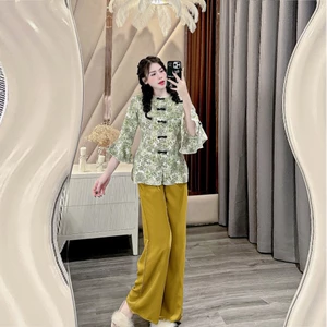 Đồ bộ bà ba cách tân nữ bộ đồ ống rộng đồ bà ba nữ đồ bộ bà ba đi chùa vải lụa gấm - cn104