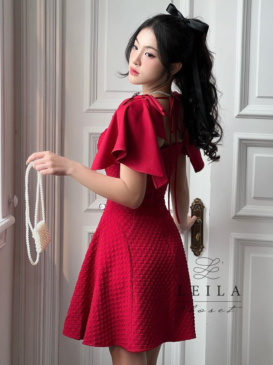Ảnh LEILA CLOSET | Đầm thiết kế Rosa tay nơ dáng xoè ngắn (không bao gồm 2tag đá cài vai) Đen/Đỏ/Kem 3