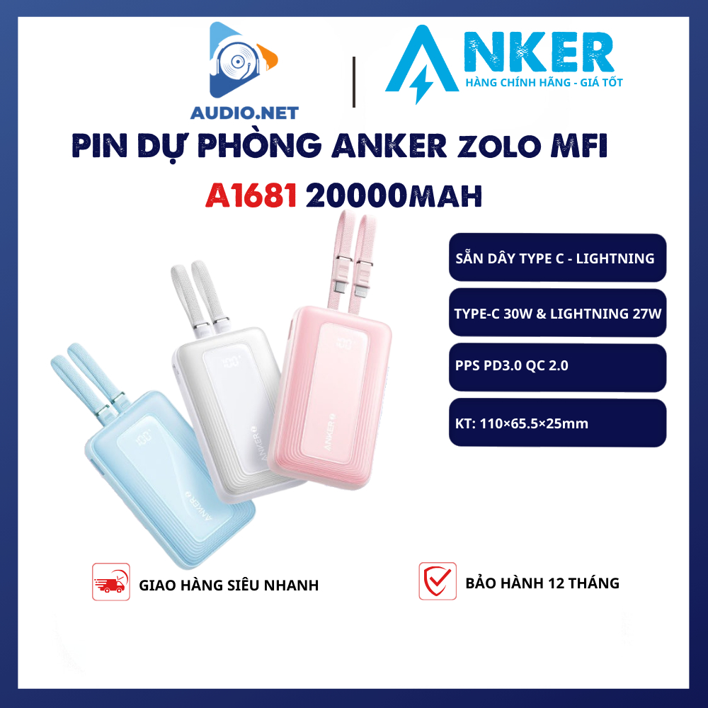 Pin Dự Phòng Anker 30W A1681 20000mAh Zolo (MFI) Tích Hợp Dây Type-C và ...