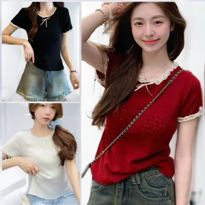 Áo thun cộc tay mongtoghi phối ren và nơ. Baby tee kiểu dáng bánh bèo tiểu thư hàn quốc