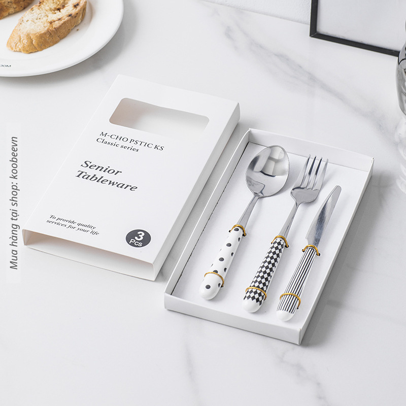 Bộ Đồ Ăn Dao Thìa Nĩa Inox Cán Sứ Kiểu Phương Tây Sang Trọng KOÔBEE - Set Hộp QuàTặng Bạn Gái, Bạn Bè, Người Thân |109