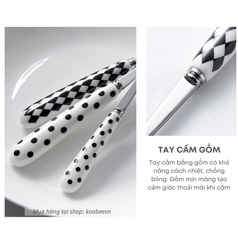 Bộ Đồ Ăn Dao Thìa Nĩa Inox Cán Sứ Kiểu Phương Tây Sang Trọng KOÔBEE - Set Hộp QuàTặng Bạn Gái, Bạn Bè, Người Thân |109