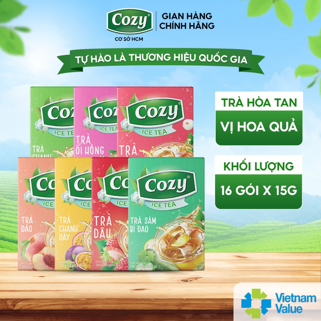 Trà Cozy Hoà Tan Ice Tea (240gr - 16 gói) Hương Vị Trái Cây Thiên Nhiên Chua Ngọt, Giải Nhiệt Mùa Hè
