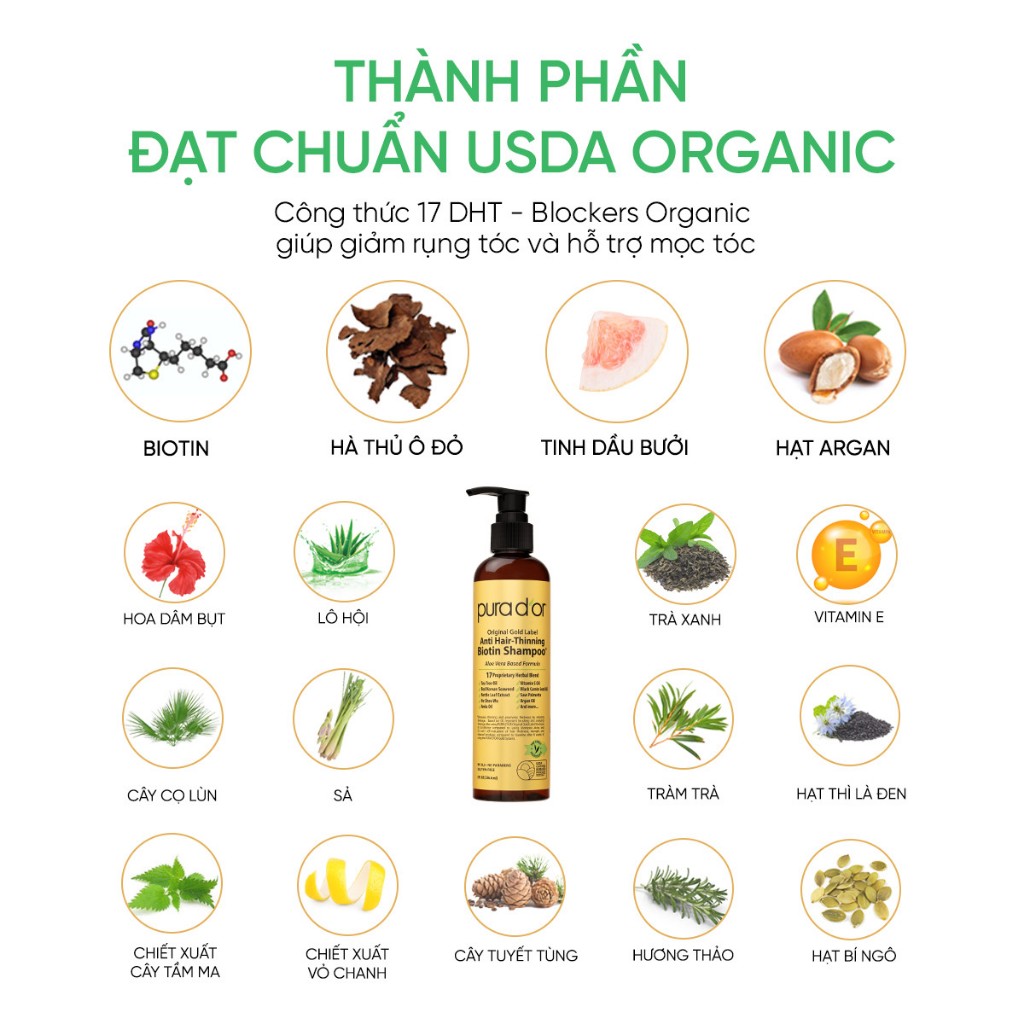 Ảnh Combo Dầu Gội Dầu Xả Hỗ Trợ Giảm Rụng Tóc, Hỗ Trợ Mọc Tóc Biotin Gold Label PURA D'OR 236ML 2