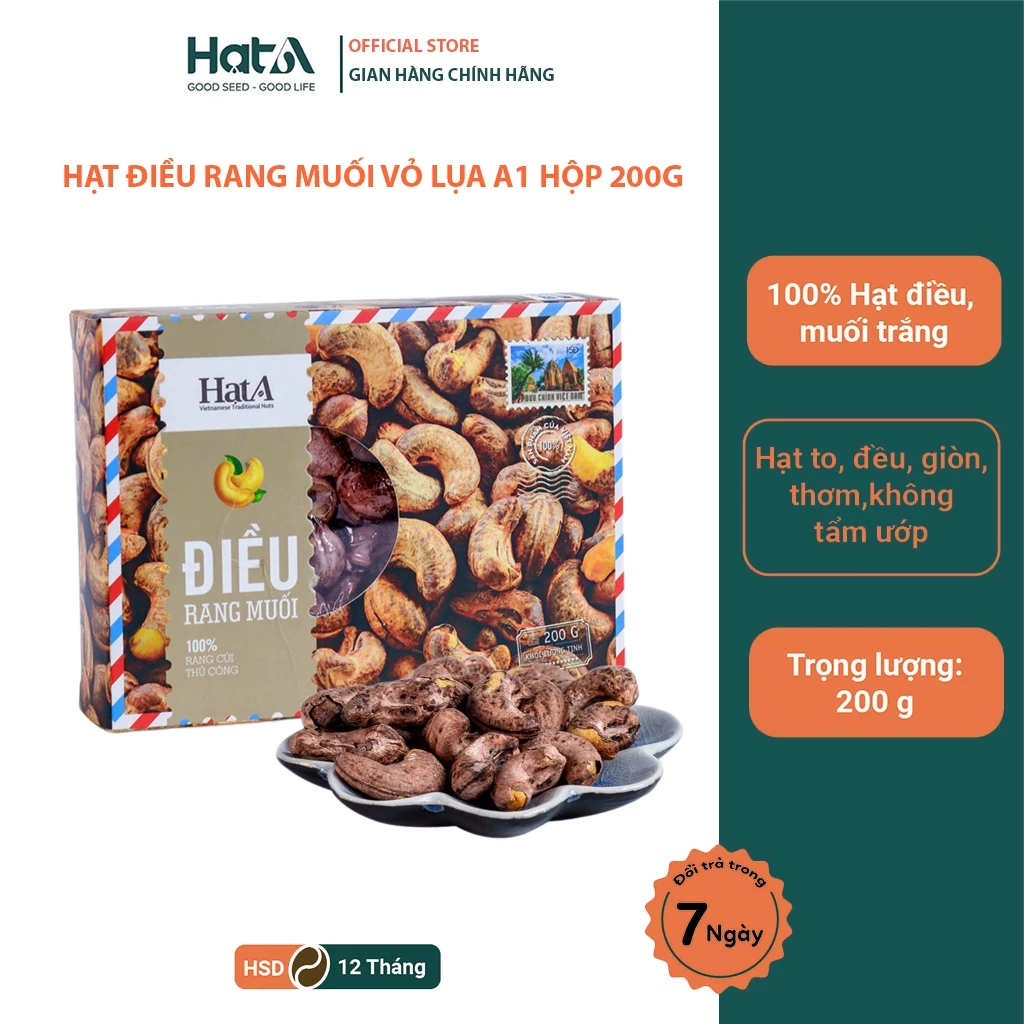 Hạt điều rang muối vỏ lụa Hạt A Cafe rang củi thủ công nguyên vị hộp 200gr