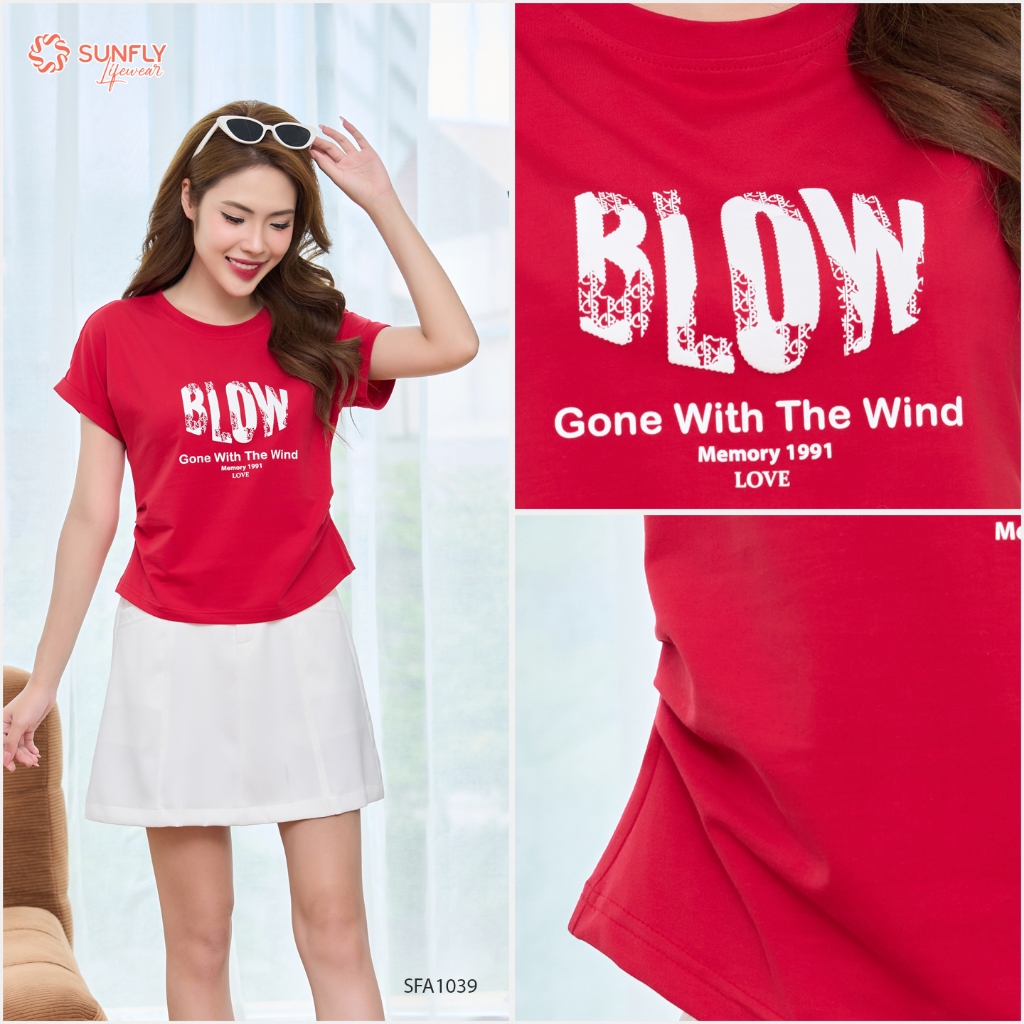 Ảnh Áo phông nữ SUNFLY chất cotton compact dáng xếp ly eo cộc tay SFA1039 3