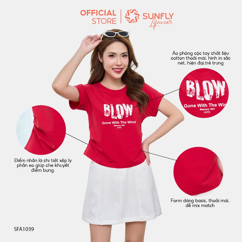Ảnh Áo phông nữ SUNFLY chất cotton compact dáng xếp ly eo cộc tay SFA1039 1