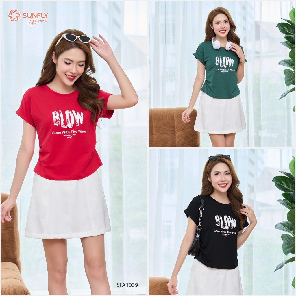 Ảnh Áo phông nữ SUNFLY chất cotton compact dáng xếp ly eo cộc tay SFA1039 2