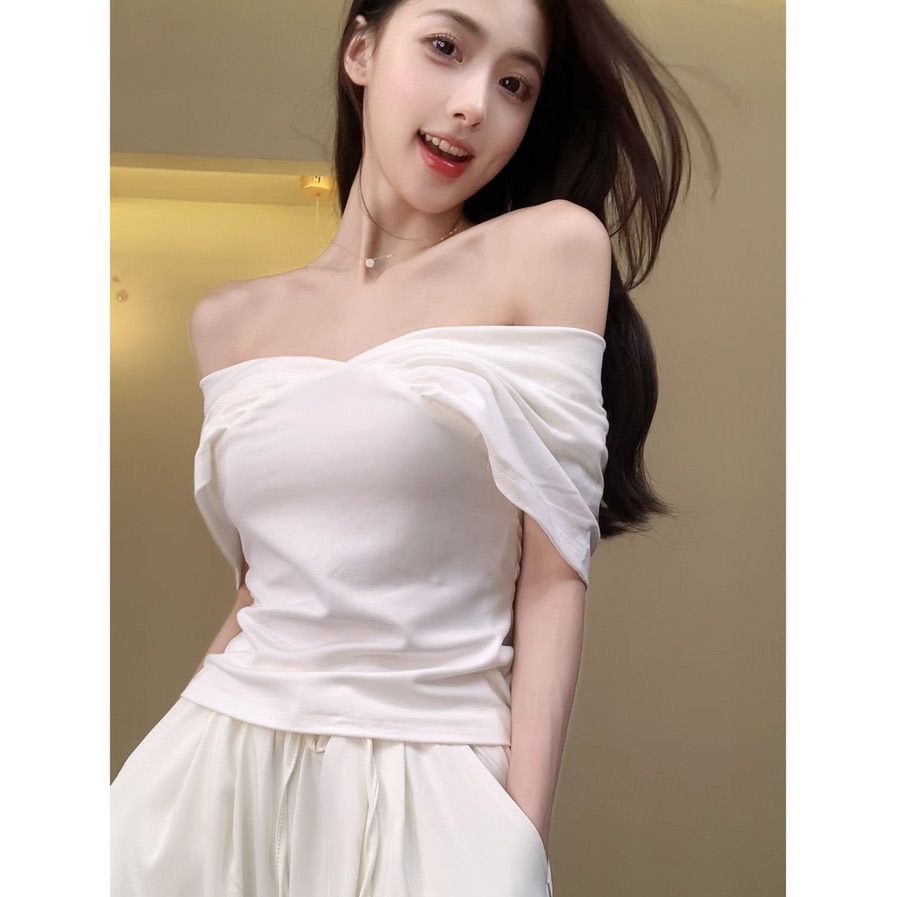 Áo cộc mùa hè nữ thiết kế trễ vai gợi cảm phong cách tiểu thư sang chảnh hàng QC BA SP180