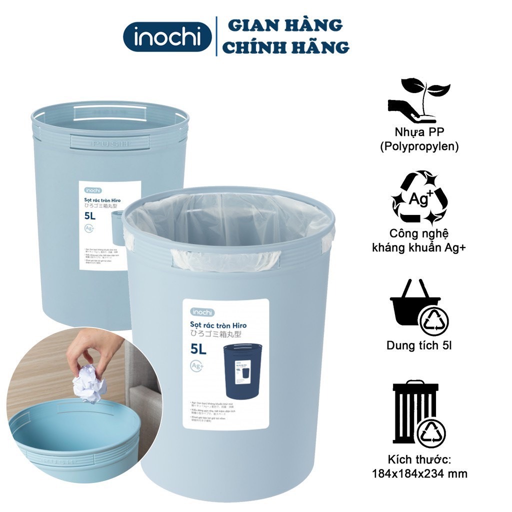 Sọt rác nhựa tròn Hiro, thùng rác mini Inochi không nắp kháng khuẩn Ag+ ...