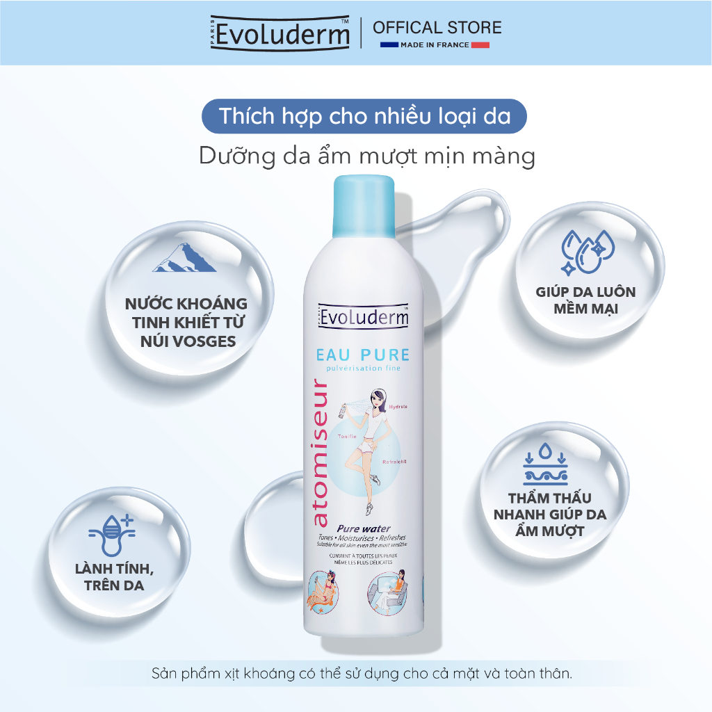 Ảnh Nước Xịt khoáng Evoluderm Atomiseur Eau Pure dưỡng ẩm, làm dịu da 50ml, 150ml, 400ml 2
