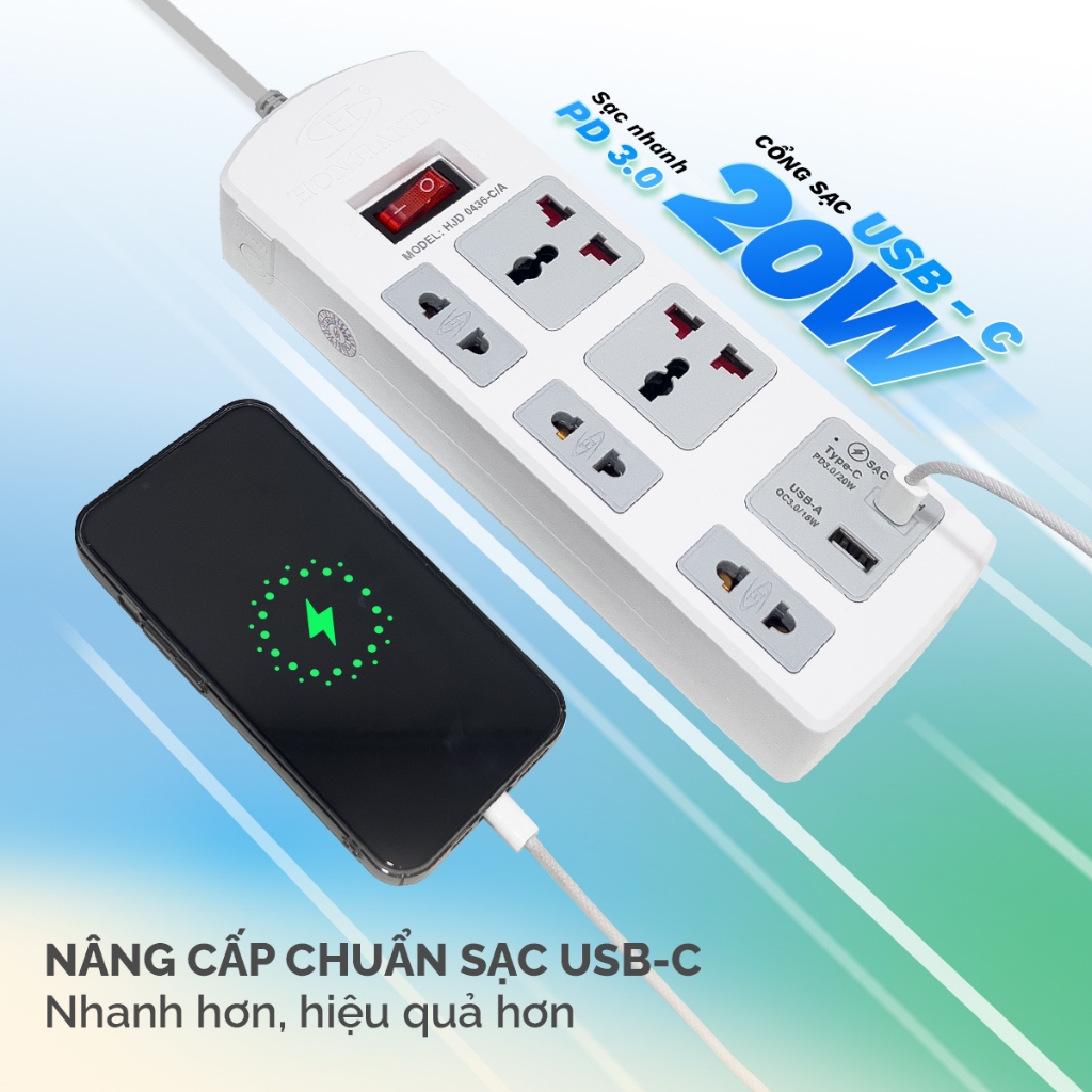 Ổ Cắm Điện Đa Năng HONJIANDA Sạc Nhanh TYPE-C USB PD20W Mã 04, Chịu Tải 2500W, Cầu Chì Tự Ngắt