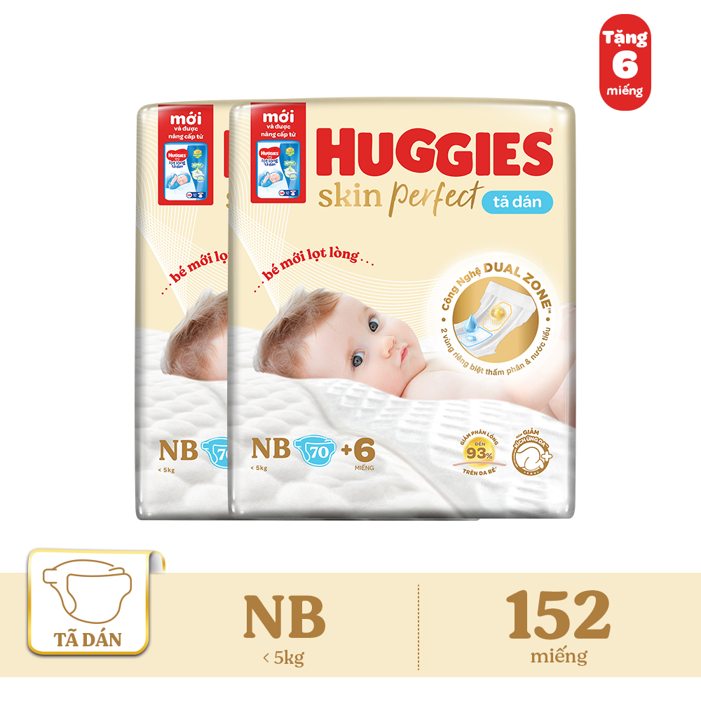 Ảnh Combo 2 Tã/bỉm dán sơ sinh Huggies Skin PerfectNB 70+6 miếng với 2 vùng thấm giảm kích ứng da 1