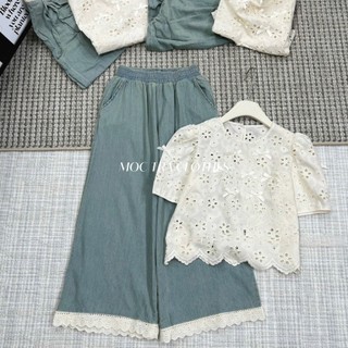 Set bộ nữ Quảng Châu Cao Cấp áo ren lỗ mix quần suông rộng viền ren, Set đồ nữ sang trọng trẻ trung