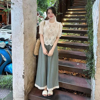 Set bộ nữ Quảng Châu Cao Cấp áo ren lỗ mix quần suông rộng viền ren, Set đồ nữ sang trọng trẻ trung