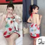 Bộ đồ ngủ nữ sexy phối hoa gồm áo yếm cột dây chất voan cát hàn quần đùi lụa latin mềm mại DUYLINH