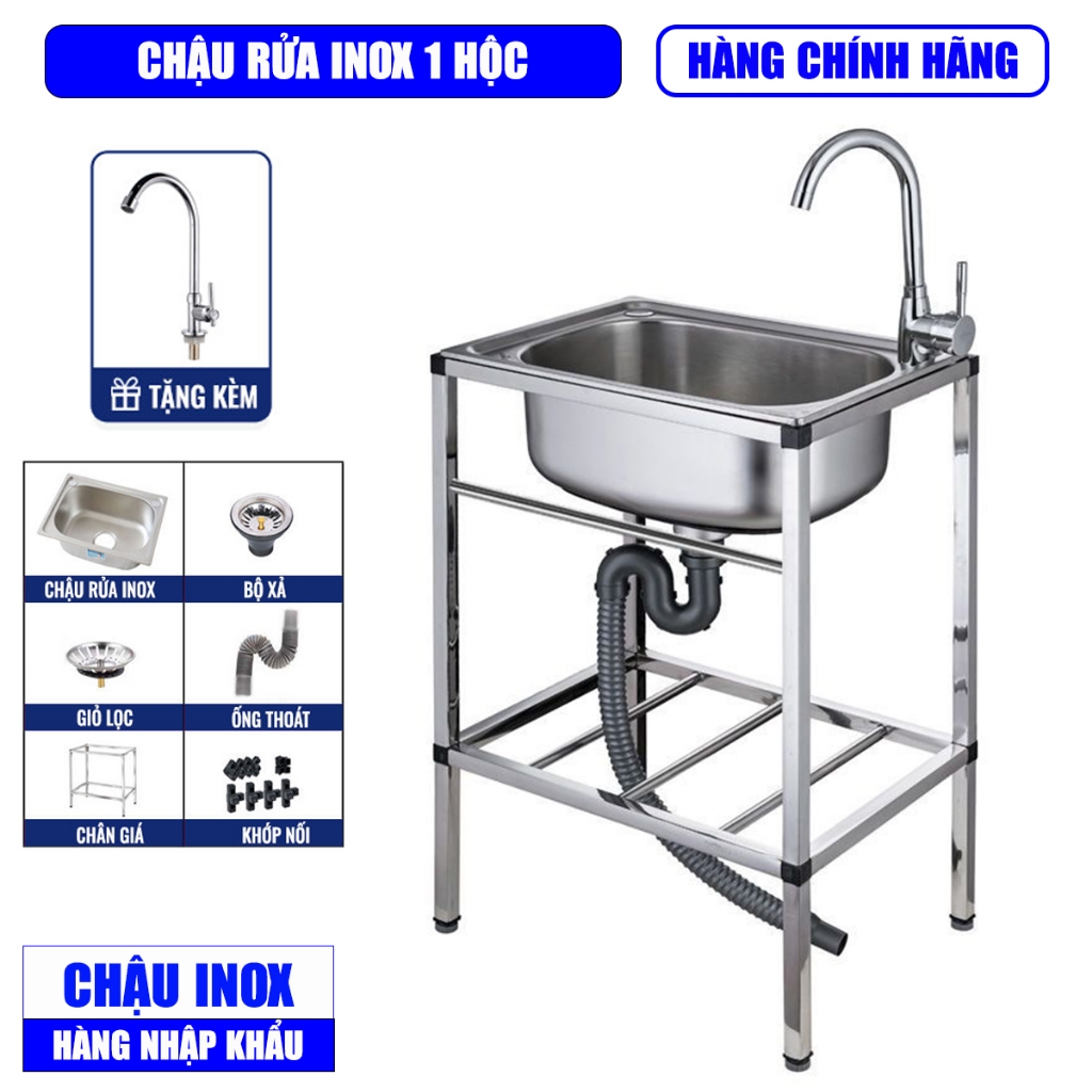 Chậu Rửa Chén 1 Hộc Inox Nhiều Kích Thước Có Kèm Chân, Vòi, Bộ Xả Có ...