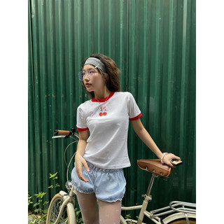 Áo Thun Nữ Baby Tee Viền Đỏ “ Nơ Cherry '' - Kraken Drk siêu dễ thương 100% cotton 2 chiều .