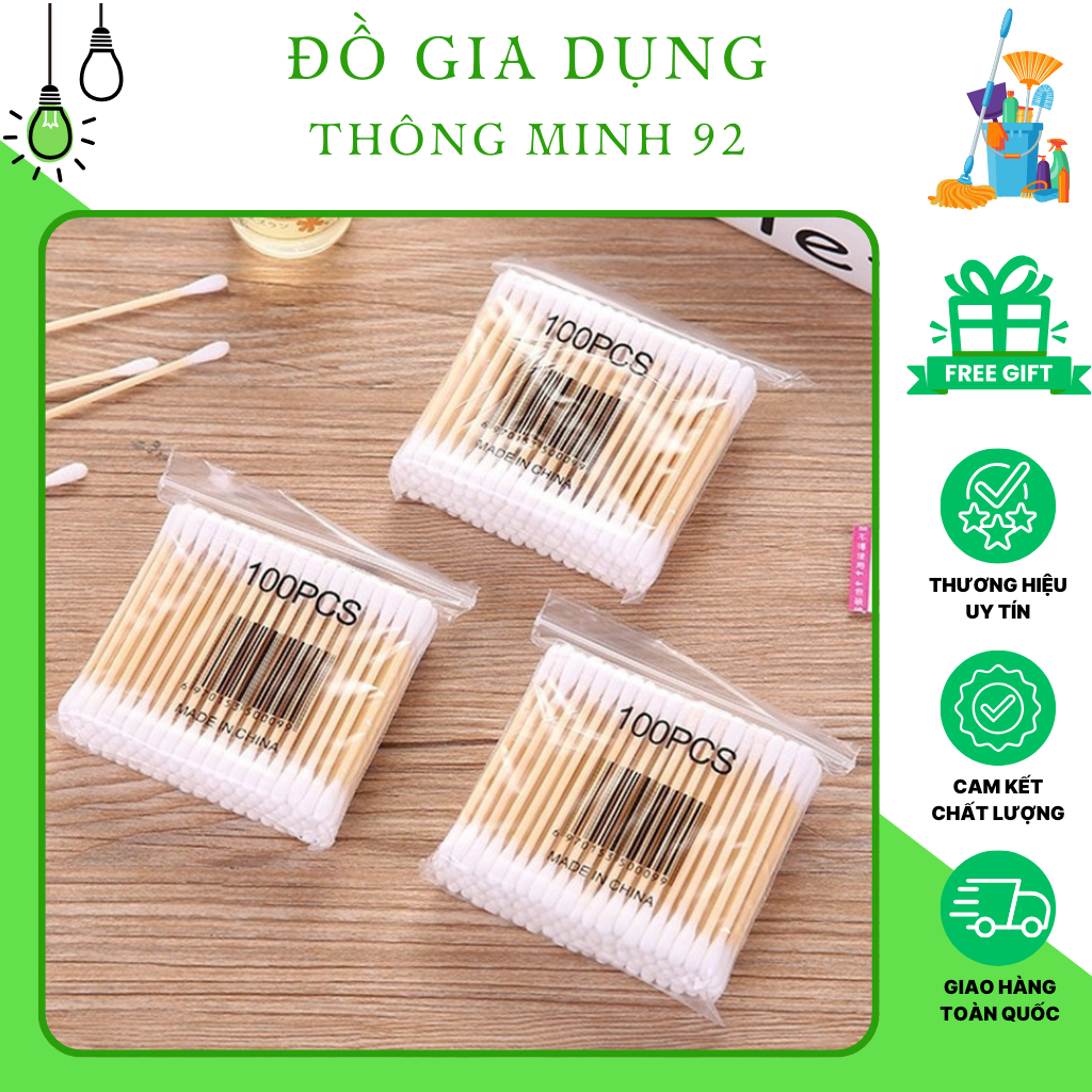 Tăm bông ngoáy tai,100 bông ráy tai thân gỗ khử trùng thân thiện với ...