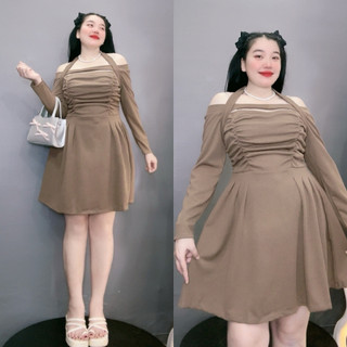 Đầm Đi Tiệc Bigsize Trễ Vai Dáng Dài Xòe Trên Gối Tay Dài Sang Chảnh Vải Nỉ Gân G231