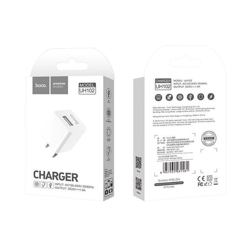 Củ sạc 5V/1A Hoco UH102 chân dẹt 1 cổng USB kiểu dáng nhỏ gọn.