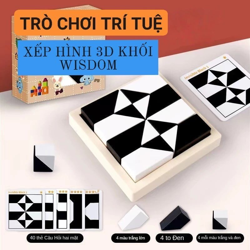 Đồ chơi trí tuệ xếp hình 3D khối xây dựng ẩn 2 màu đen trắng, trò chơi trí tuệ 4 wisdom bằng gỗ cho bé
