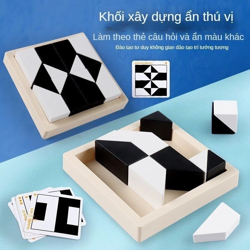 Đồ chơi trí tuệ xếp hình 3D khối xây dựng ẩn 2 màu đen trắng, trò chơi trí tuệ 4 wisdom bằng gỗ cho bé