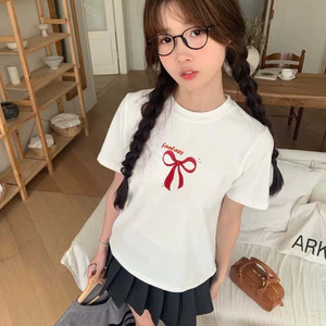 Áo Thun Baby Tee nơ đỏ chất Thun Gân Kiểu Co Dãn Ôm Body Cổ Tròn Tay Ngắn Dáng Dài ba1003