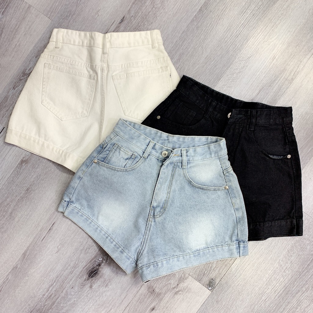 Quần đùi short jean nữ phom A cạp lưng cao viền lai to màu trơn trắng đen xanh nhatran X88