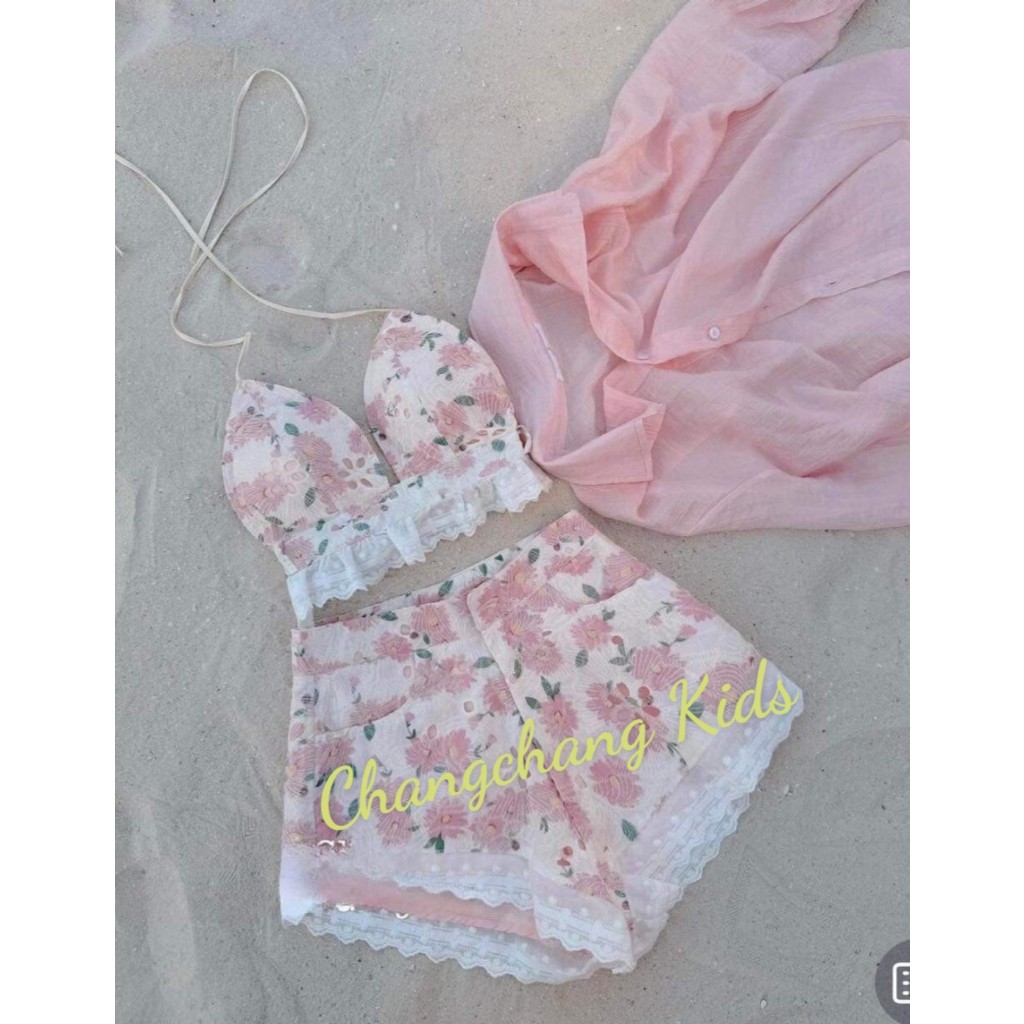 SALE SALE Sét Bikini 3 món bé gái áo sơ mi phối sét đùi thêu hoa  cho bé và mẹ 3,4,5,6,7,8,9,10,12,13,14,15 tuổi