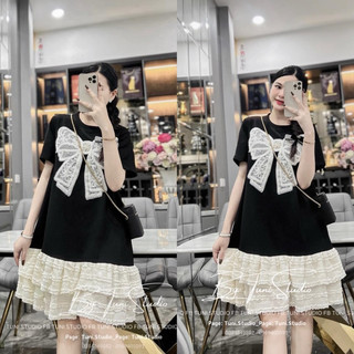 [V1.745] Váy Suông Cotton Nơ Đính Ngọc Chân Phối Ren Siêu Xinh Form Rộng Thoải Mái
