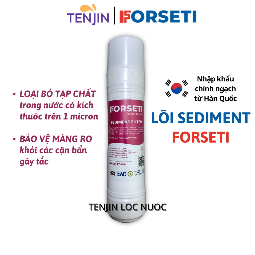 Lõi Sediment FORSETI Nhập Khẩu Hàn Quốc 10Inch Dạng U (U-Type) Cắm Nhanh Giúp Loại Bỏ Tạp Chất Kích Thước Trên 1 Micron