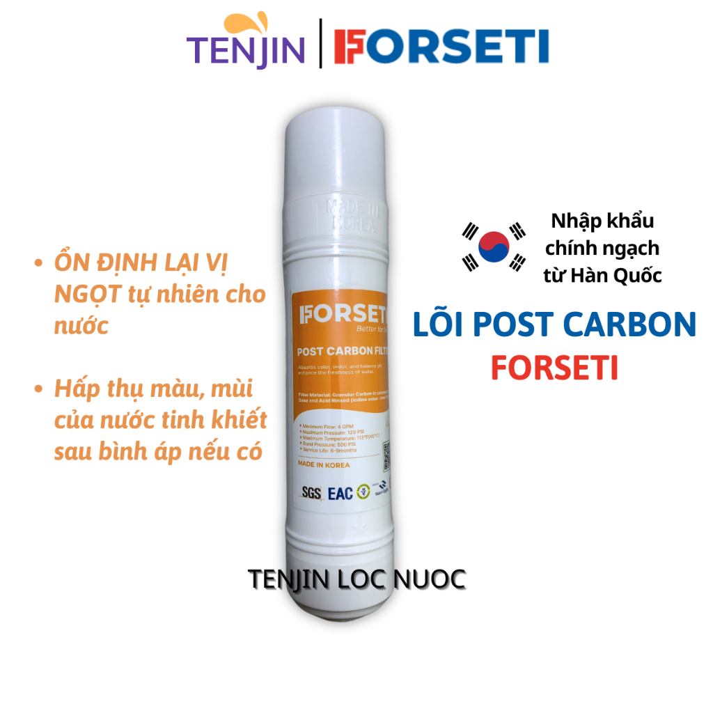Lõi Post Carbon FORSETI Nhập Khẩu Hàn Quốc 10Inch Dạng U (U-Type) Cắm Nhanh Giúp Khử Mùi Và Tạo Vị Cho Nước