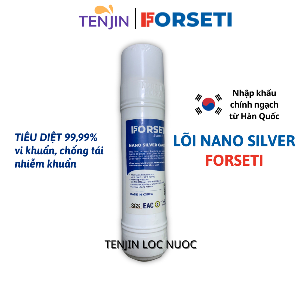 Lõi Nano Silver FORSETI Nhập Khẩu Hàn Quốc 10Inch Dạng U (U-Type) Cắm Nhanh Giúp Diệt Khuẩn Cho Nước