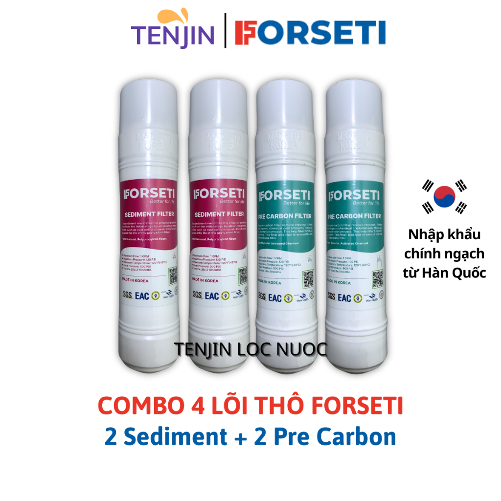 Combo 4 Lõi Lọc Thô FORSETI Gồm 2 Sediment + 2 Pre Carbon Nhập Khẩu Hàn Quốc 10Inch Dạng U (U-Type) Cắm Nhanh
