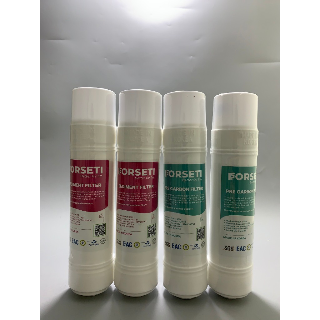 Combo 4 Lõi Lọc Thô FORSETI Gồm 2 Sediment + 2 Pre Carbon Nhập Khẩu Hàn Quốc 10Inch Dạng U (U-Type) Cắm Nhanh