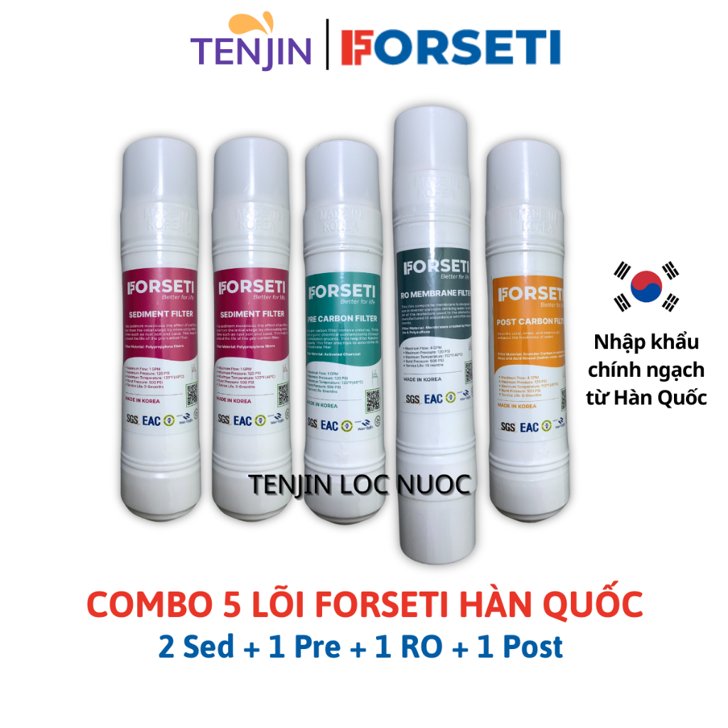 Combo 5 Lõi Lọc FORSETI Gồm 2 Sediment, 1 Pre Carbon, 1 RO Membrane, 1 Post Carbon Nhập Khẩu Hàn Quốc Dạng U Cắm Nhanh