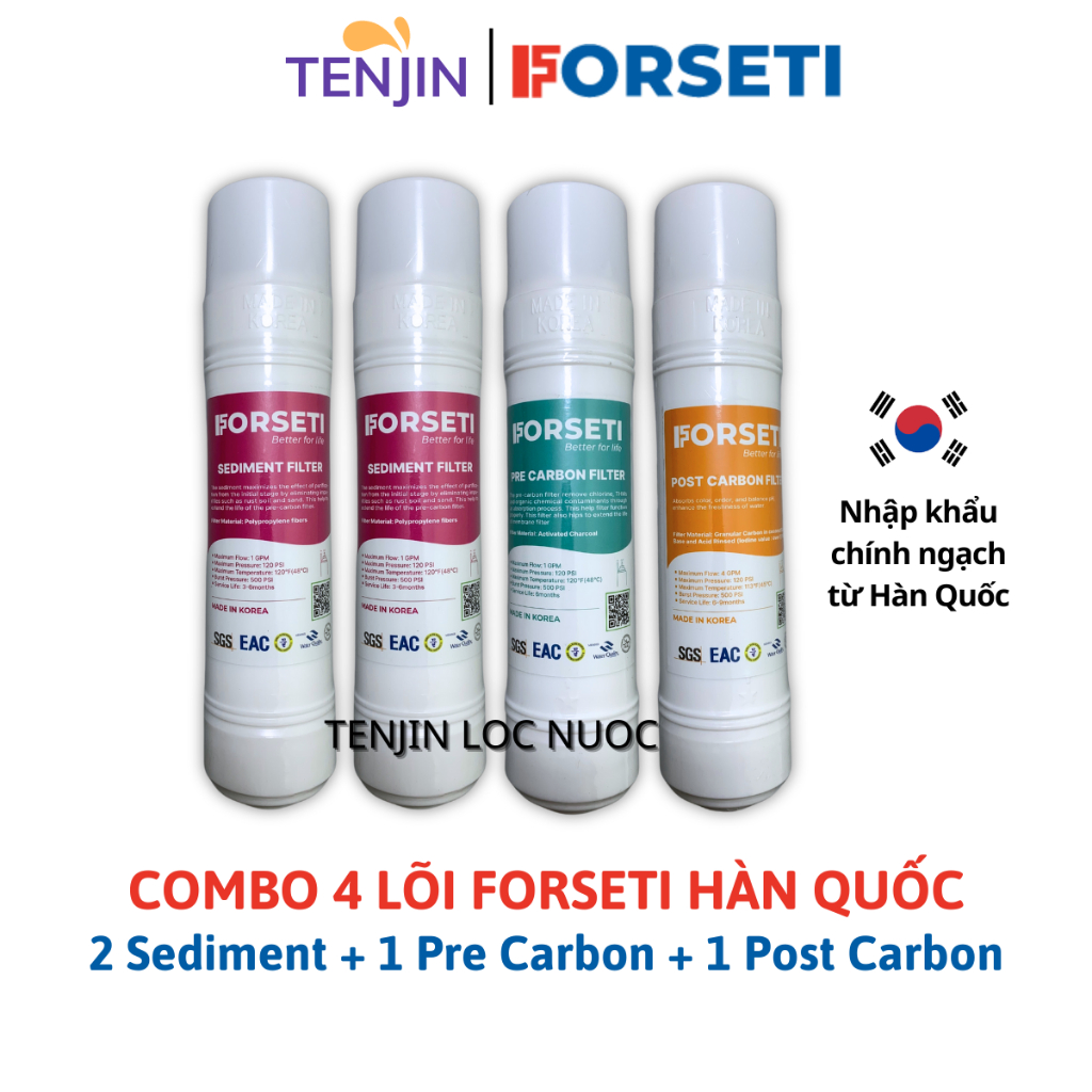 Combo 5 Lõi Lọc FORSETI Gồm 2 Sediment, 1 Pre Carbon, 1 RO Membrane, 1 Post Carbon Nhập Khẩu Hàn Quốc Dạng U Cắm Nhanh