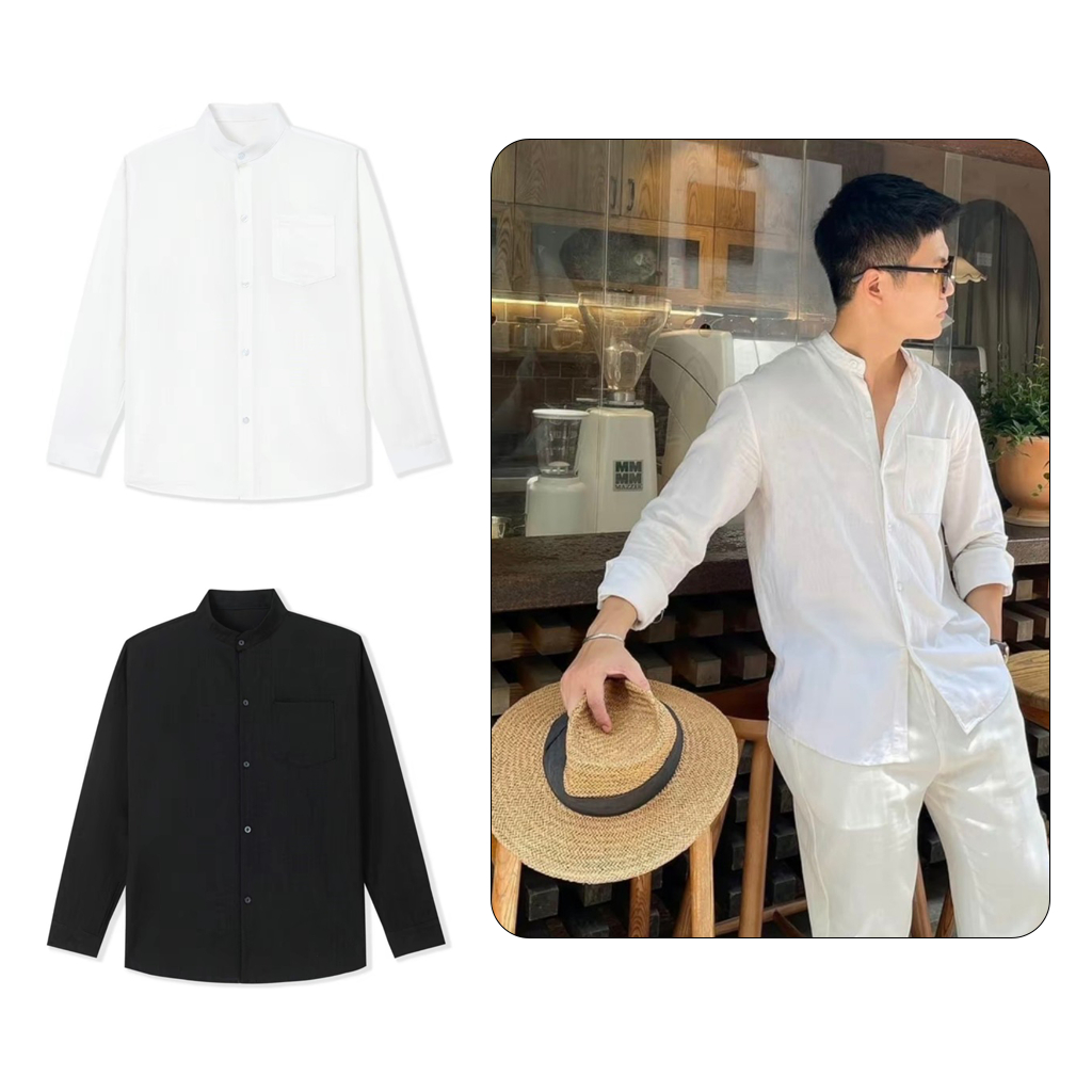 Áo Sơ Mi Nam Đũi Dài Tay 1 Túi Áo Đũi Hàn Cổ Tàu Trắng, Đen Hàng Cao Cấp Ôm Dáng HALLEY A3
