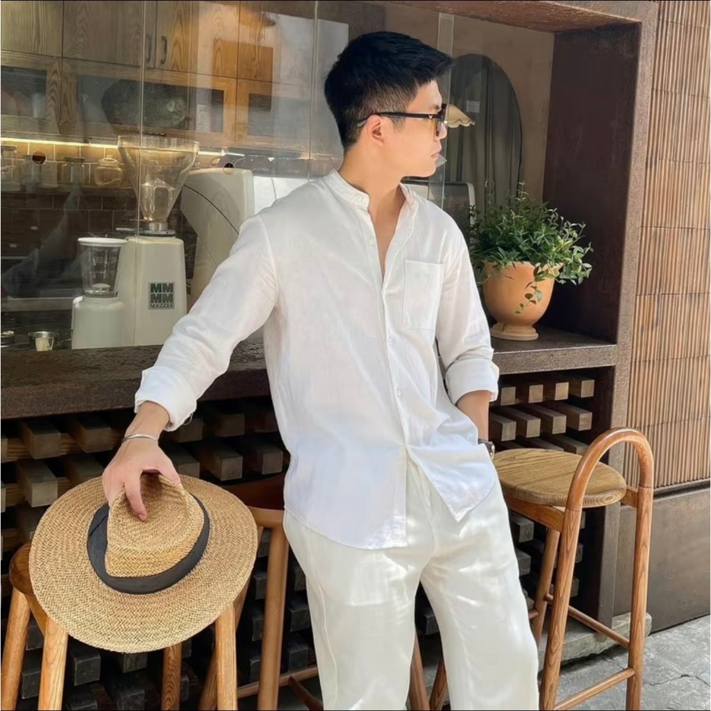Áo Sơ Mi Nam Đũi Dài Tay 1 Túi Áo Đũi Hàn Cổ Tàu Trắng, Đen Hàng Cao Cấp Ôm Dáng HALLEY A3