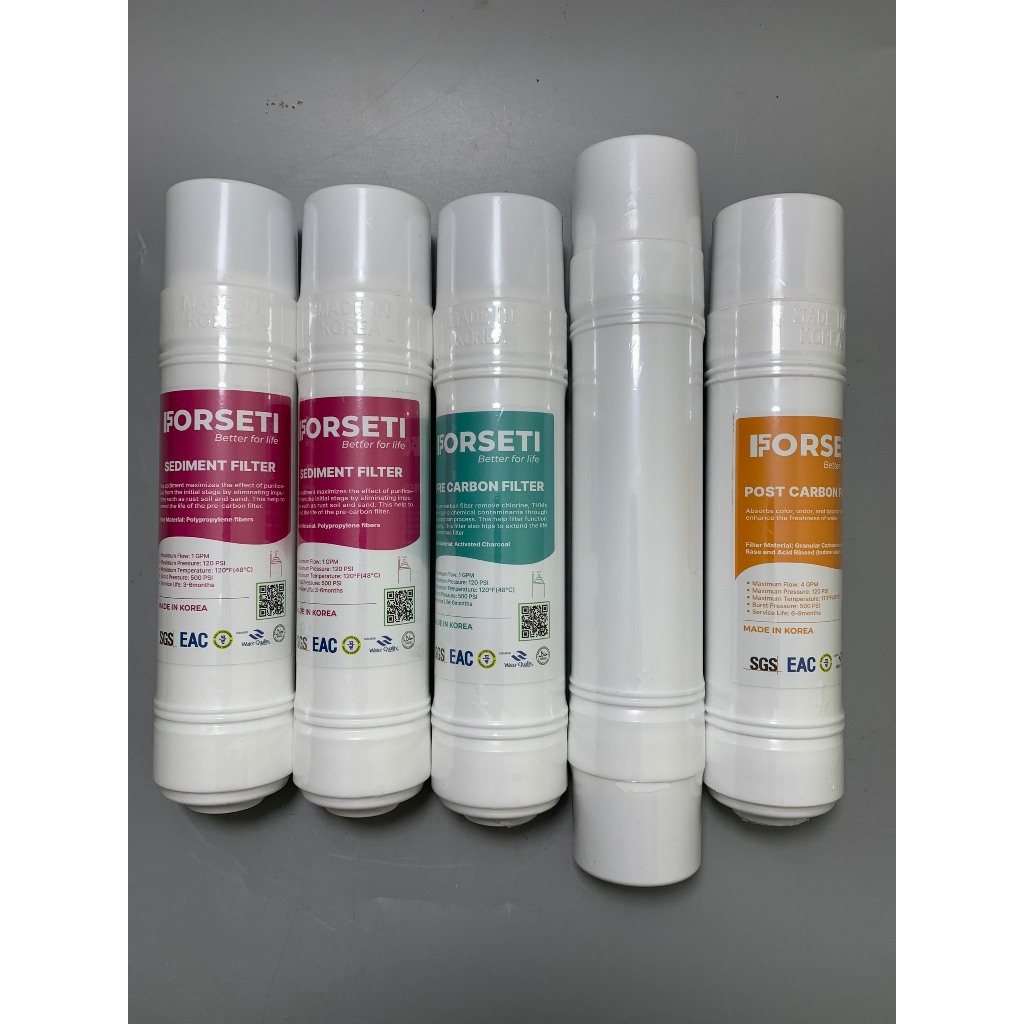 Combo 5 Lõi Lọc FORSETI Gồm 2 Sediment, 1 Pre Carbon, 1 RO Membrane, 1 Post Carbon Nhập Khẩu Hàn Quốc Dạng U Cắm Nhanh
