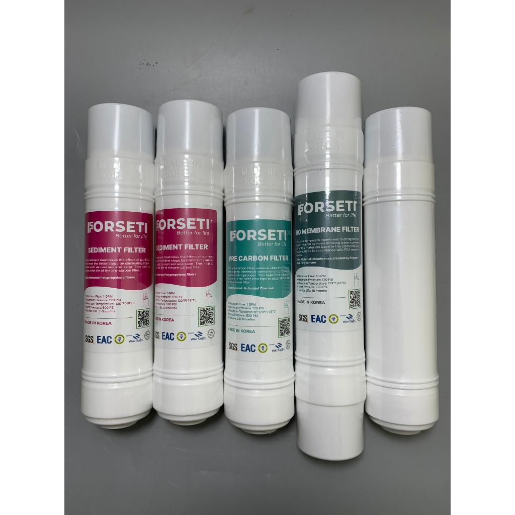 Combo 5 Lõi Lọc FORSETI Gồm 2 Sediment, 1 Pre Carbon, 1 RO Membrane, 1 Post Carbon Nhập Khẩu Hàn Quốc Dạng U Cắm Nhanh